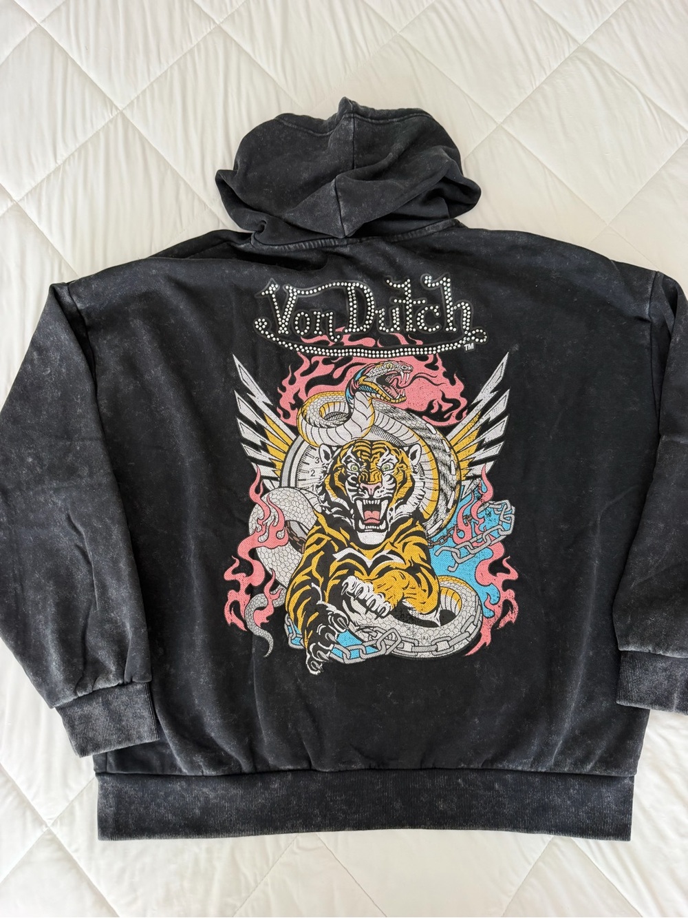 Von Dutch Black Hoodie with Tiger, Snake & Pink/Blue Accents